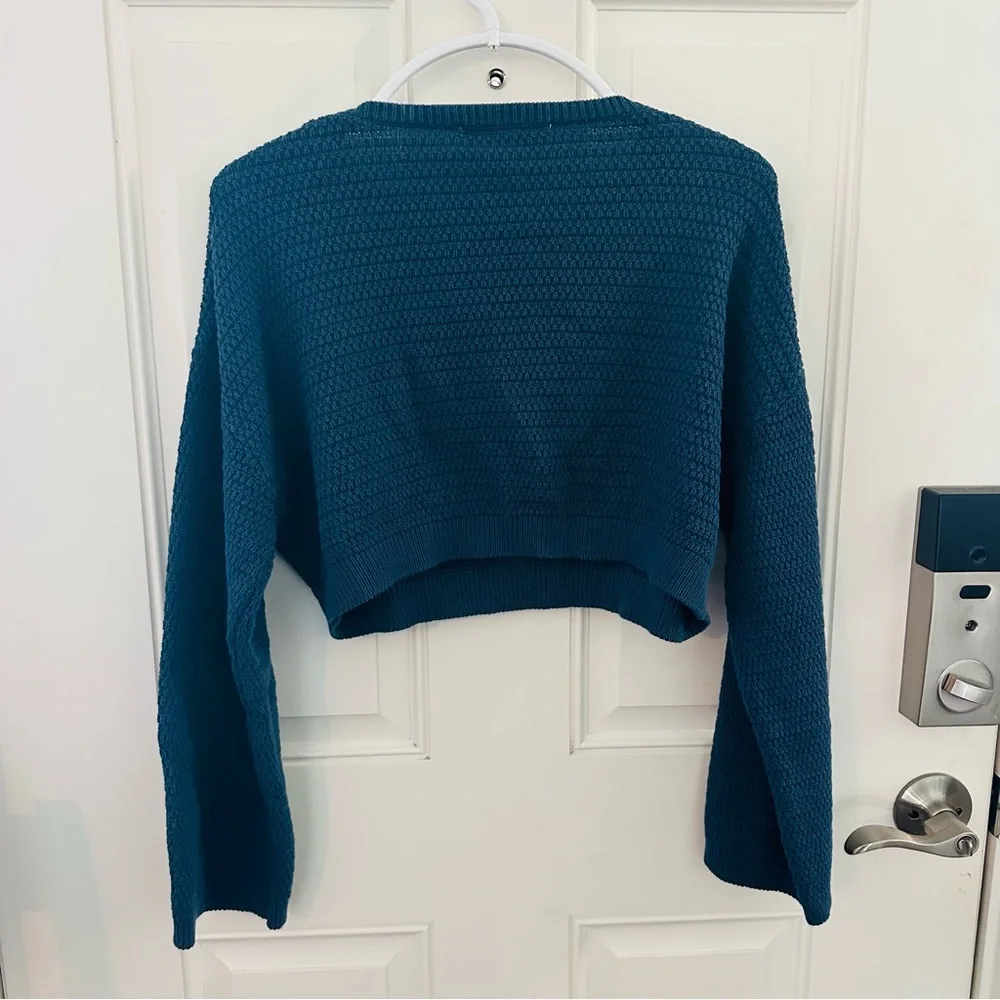 ZARA Sweater L | Blue Crochet Knit Crop Long Sleeve Button Accent